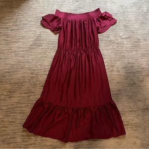 NEW! Burgundy Off Shoulder Satin Midi Ruffle Dress